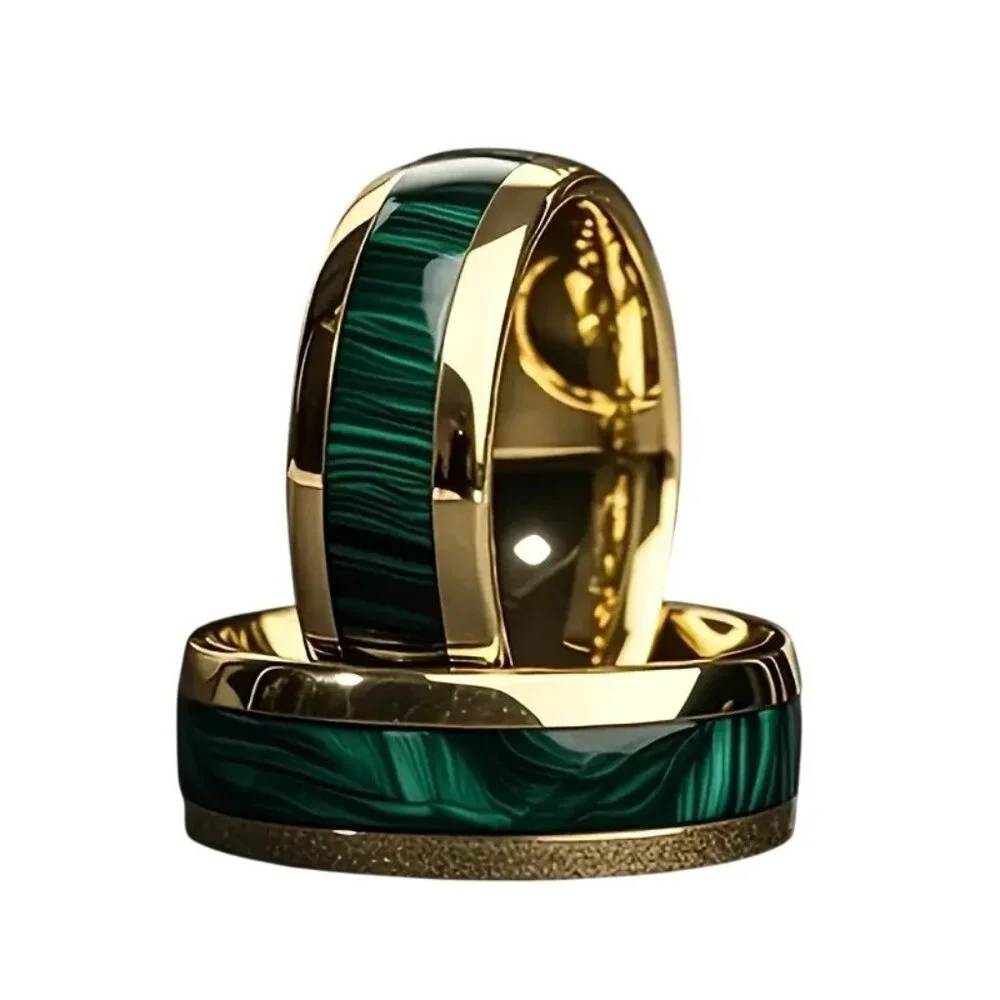 Tungsten Steel Men's Fashion Ring High Polished Green Marble & gold plated rims